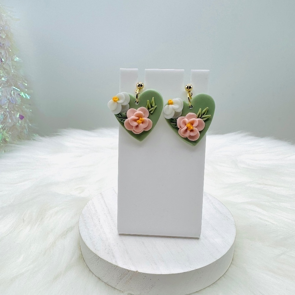 Green Floral Polymer Clay Drop Earrings